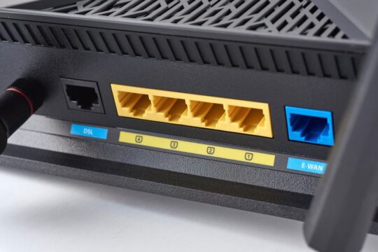 Ethernet ports on an Asus router.