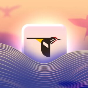 The Merlin Bird ID logo surrounded by purple waves and pink bird shadows in the background.