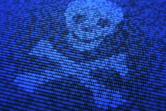 A stylized skull and crossbones made out of ones and zeroes.