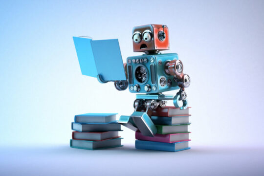 Robot sitting on a bunch of books, reading a book, looking surprised.