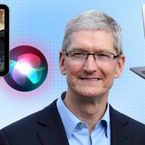 Render of Apple Glasses, HomePod with touchscreen, Siri icon, Tim Cook, MacBook Air and render of a folding iPhone.