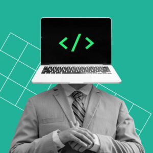 An illustration person with a laptop for a head. On the screen is a representation of programming code, angle brackets and a slash.