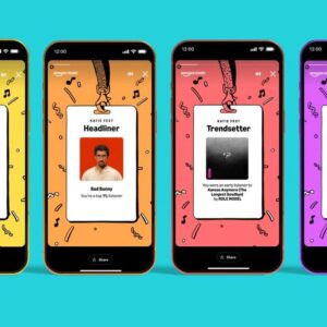 Four phone screens showing insights from Amazon 2025 Delivered via the Amazon Music app.