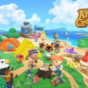 Promotional graphic where the villagers come together to work and play in Animal Crossing: New Horizons