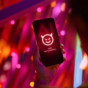 Female hand holding smartphone showing an evil with devil horn on her AI chatbot conversation app in the city. Illustrating the ideas around the risks and dangers of Artificial Intelligence (AI).