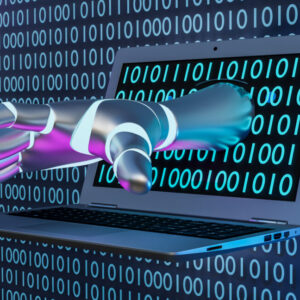 Cyborg's hand coming from laptop screen with a digital binary code theme background.