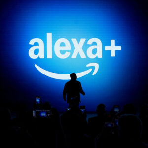 Alexa+ logo with a person standing in front of it