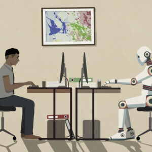 Man and humanoid robot working face to face at computers