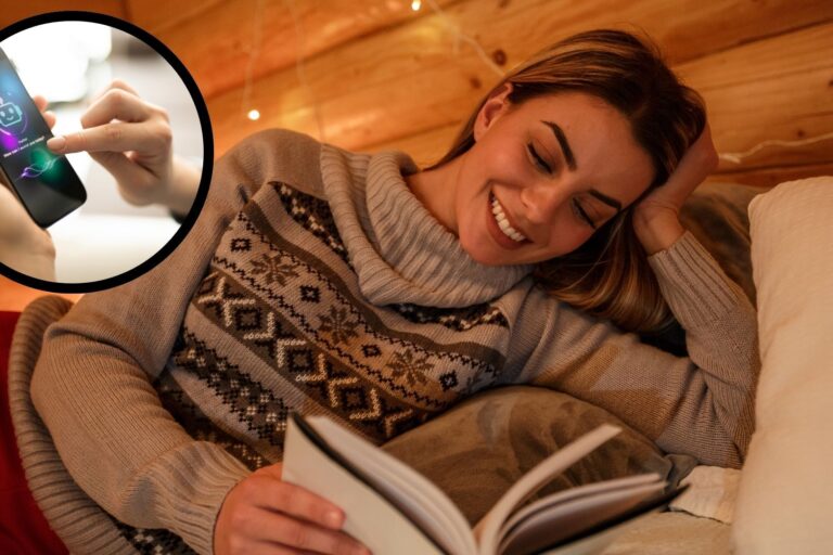 A smiling blonde woman reads in bed at night. In the top left foreground, a circular frame features a close up of the woman's hands using ChatGPT for sleep advice.