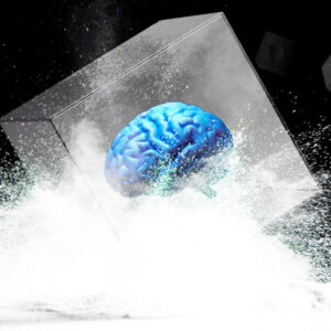 A blue brain in a box crashing into the ground.