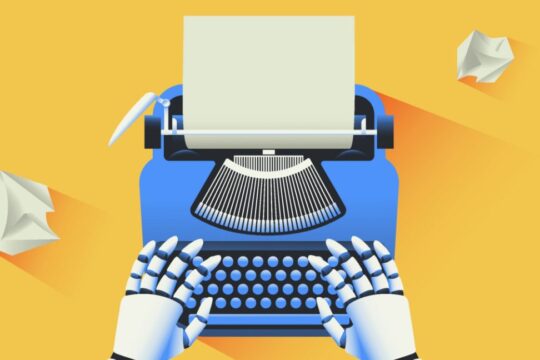 Illustration of robot hands using a typewriter.