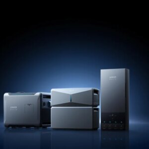 black background, 3 gray Anker power backup units