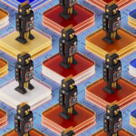 Illustration of Retro Robots on Glass Blocks -- AI coding Agents