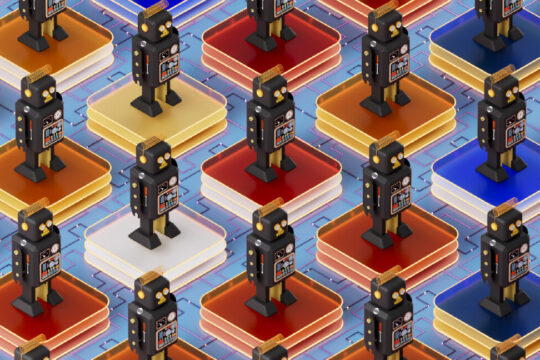 Illustration of Retro Robots on Glass Blocks -- AI coding Agents