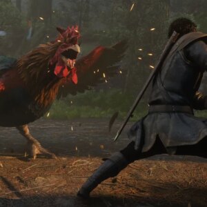 a hero faces off against a human sized rooster