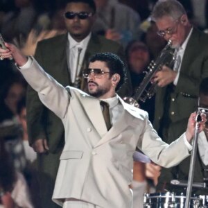 Bad Bunny poses for a Super Bowl Halftime Show promo.