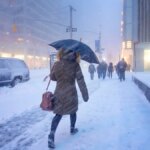 a person in a brown coat holding an umbrella and walking in a winter storm in Manhattan