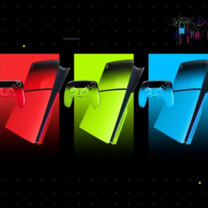 Red, green, and blue systems and controllers are displayed against a black background to showcase the colors.