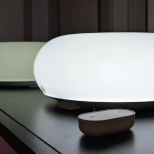 ikea-varmblixt-smart-donut-lamp-and-bilresa-remote-control-on-black-metal-shelf-in-ces-2026-display
