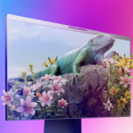 A computer monitor with an image of an iguana perched on a rock, surrounded by flowers. The image has a three-dimensional effect