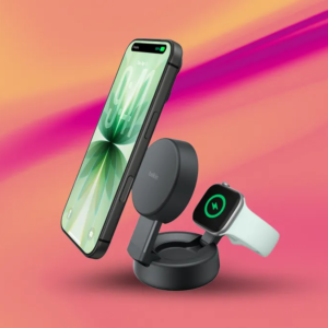 A phone and smartwatch charging stand on a stylish background.