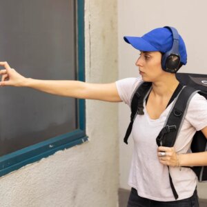 Man in blue baseball cap wearing headphones with food delivery ringing a doorbell