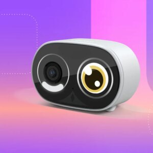 The OwlGuard camera against a violet CNET background.