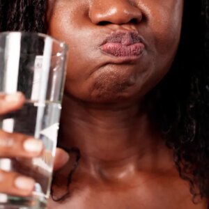 A person holding a glass is swishing their mouth with water.