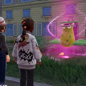 Two people facing a Victreebel Pokemon in a city in Pokemon Legends Z-A