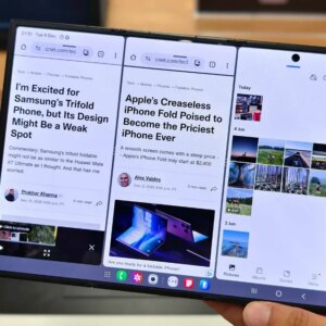 Samsung Galaxy Z TriFold running three apps side by side.