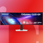 Samsung Odyssey G93SC Product Render on a multi-colored backgroud