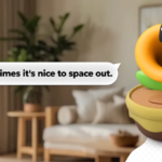 A trumpet-headed talking flower toy from Nintendo seen in a room.