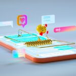 Digital generated image of abstract smartphone stylized as mousetrap surrounded by multicoloured social message chat icons.