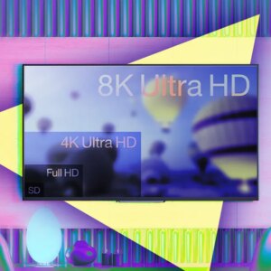 A sample of different size TVs, from full HD to 8K ultra HD.
