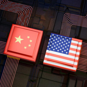 Digitally Generated Image , 3D rendered chips with chinese and USA flags on them