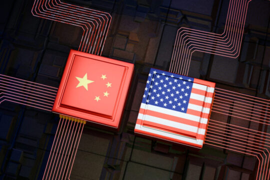 Digitally Generated Image , 3D rendered chips with chinese and USA flags on them