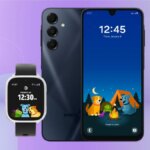 A black phone showing the front and back and a smartwatch.