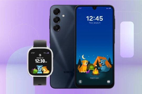 A black phone showing the front and back and a smartwatch.