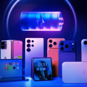 A group of phone bathed in purple light beneath a glowing oversized battery icon
