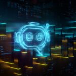 Digital chatbot icon on future tech background. Productivity of AI bots evolution. Futuristic chatbot icon and abstract chart in world of technological progress and innovation. CGI 3D render