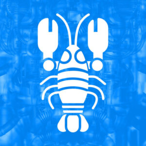 Illustration of a white lobster on a cyberpunk background.