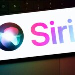 A Siri logo on a white phone background.