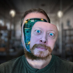 Altered image of the article author appearing to indicate that he is in fact a robot