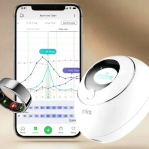 The Mira hormone tracker and app screen next to a silver Oura Ring over a beige background.