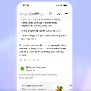 screenshot of how sponsored ads are formatted in ChatGPT chats with a purple background.
