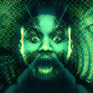 An illustration of a green "ghost in the machine," a surprised man's face with green radiating pixels.