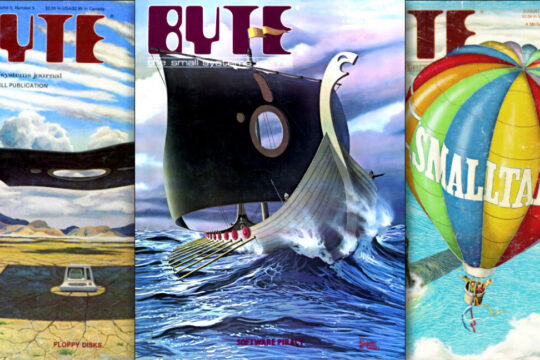 A collage of classic Byte magazine covers featuring illustrations by Robert Tinney.