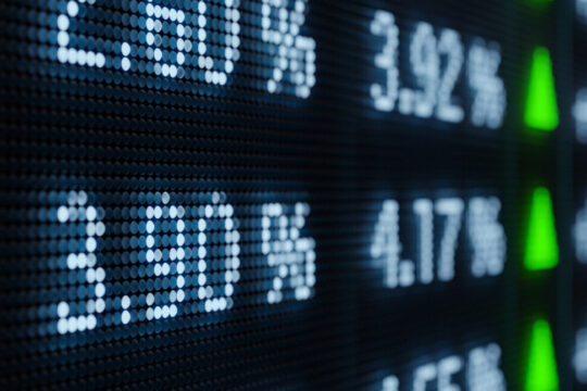 Different yield and maturities for bonds and interest on stock exchange screen. Finance, bond trading and saving accounts concept. 3D illustration